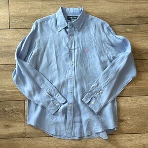 Men’s Polo by Ralph Lauren light blue linen button down shirt, size L